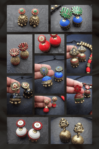 Collage of various pairs of terracotta earrings on a dark background