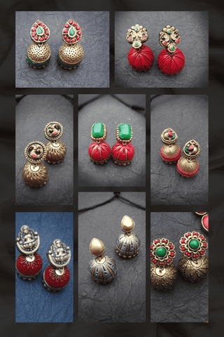 Collage of gold and red terracotta earrings with green gemstones on a dark background