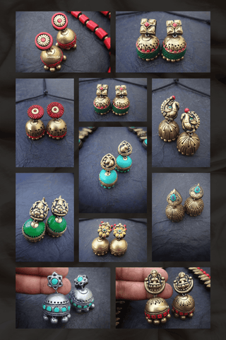 Collage of gold and terracotta  earrings on a dark background