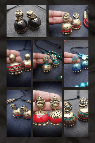 Collage of colorful terracotta  earrings held by hands against a dark background