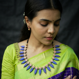 Royal Blue Choker terracotta Necklace Set with Gold Floral and Pearl Accents