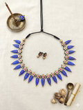 Royal Blue Choker terracotta Necklace Set with Gold Floral and Pearl Accents