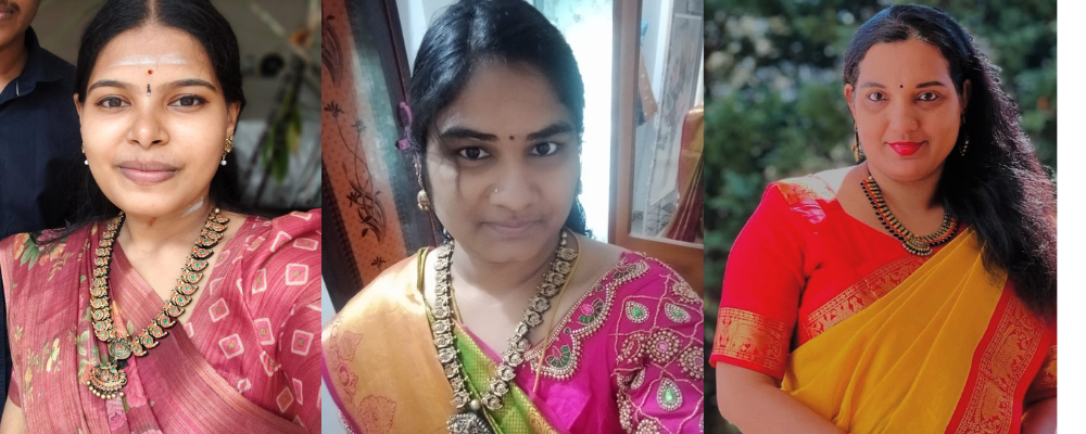 Three women in traditional sarees with terracotta jewelry, set against blurred natural backgrounds.
