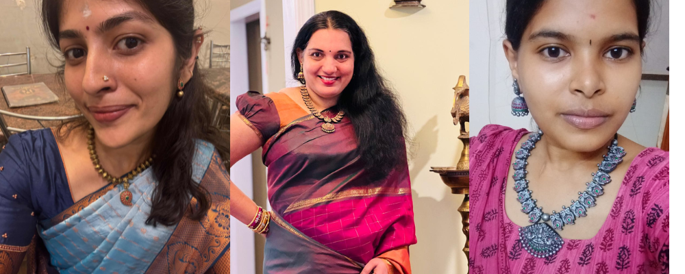 Three women in traditional sarees with  terracotta jewelry, posing indoors.