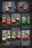 Collage of gold and red terracotta earrings on a dark background