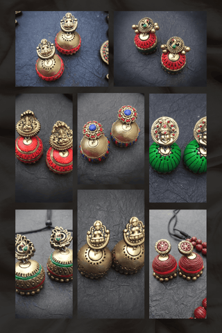 Collage of gold and red terracotta earrings on a dark background