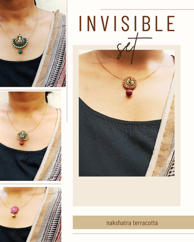 Collage of a necklace set with 'Invisible' text and 'nakshatra terracotta' branding.