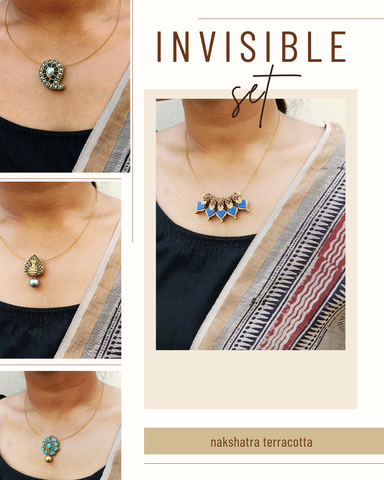 Collage of necklaces with 'Invisible set' text and 'nakshatra terracotta' branding.