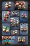 Collage of gold and colored gemstone terracotta earrings on a dark background