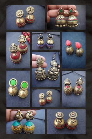 Collage of gold and colored gemstone terracotta earrings on a dark background