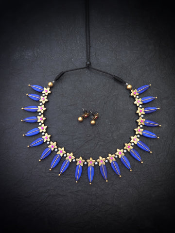 Royal Blue Choker terracotta Necklace Set with Gold Floral and Pearl Accents
