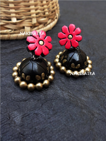 Terracotta Jhumkas pink top black shirt